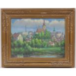 Czechoslovakian School (Mid 20th Century), View of a town, oil on board, indistinctly signed, 29cm x