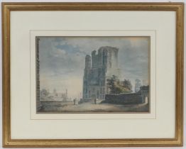 Samuel Prout (1783-1852), Gate of a ruined abbey, watercolour, signed, 24cm x 35cm (Please note