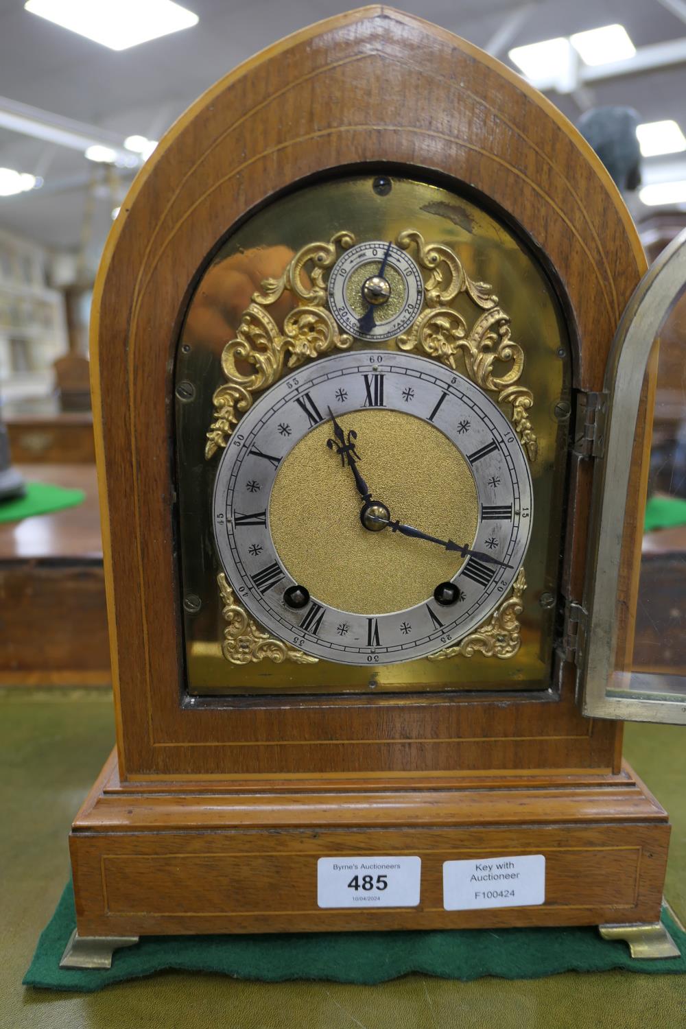 Winterhalder & Hofmeier mahogany cased chiming mantel clock, the lancet shaped case enclosing a - Image 7 of 7