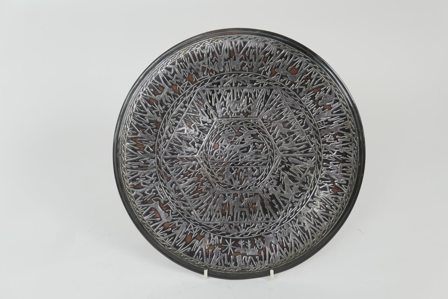 Egyptian Cairo ware silver overlaid copper plate, worked with ancient Egyptian figures, 30.5cm