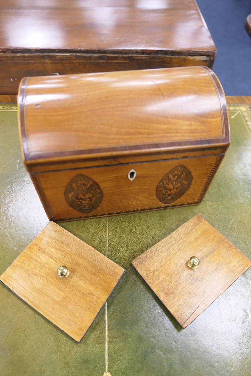 George III satinwood and inlaid tea caddy, circa 1790, of domed casket form, the front panel - Image 5 of 5