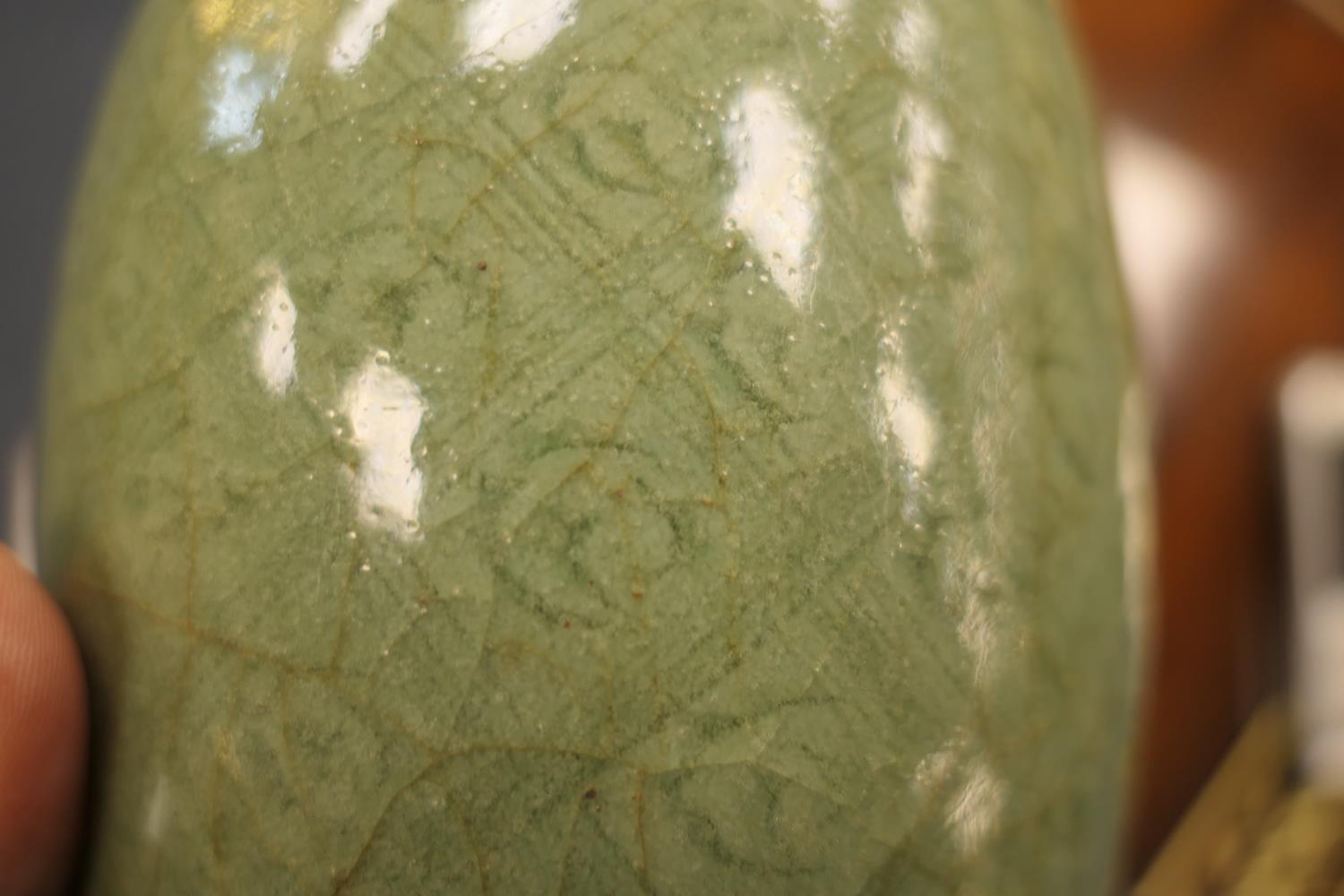 Chinese celadon vase, Ming Dynasty (1368-1644), ovoid form with carved lingzhi and trellis design - Image 8 of 8