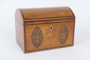 George III satinwood and inlaid tea caddy, circa 1790, of domed casket form, the front panel