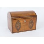 George III satinwood and inlaid tea caddy, circa 1790, of domed casket form, the front panel