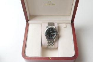 Omega stainless steel Seamaster 120M quartz wristwatch, reference 196.1501, black dial with dot