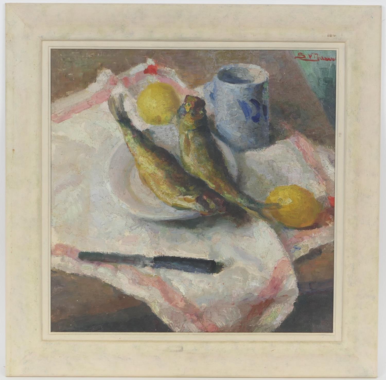 Suzanne Van Damme (Belgian, 1901-86), Still life of smoked fish with lemons, oil on board, 49cm