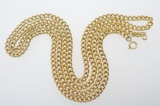 Unmarked yellow gold curb link guard chain, with ring bolt clasp, length 90cm, tests as 18ct gold,