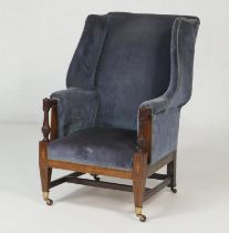 Victorian mahogany upholstered wing armchair, blue fabric upholstered back and seat, turned reeded