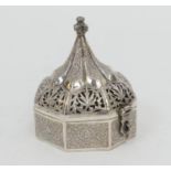 Eastern white metal box, India or Ceylon, circa 1900, octagonal form, hinged cover pierced with
