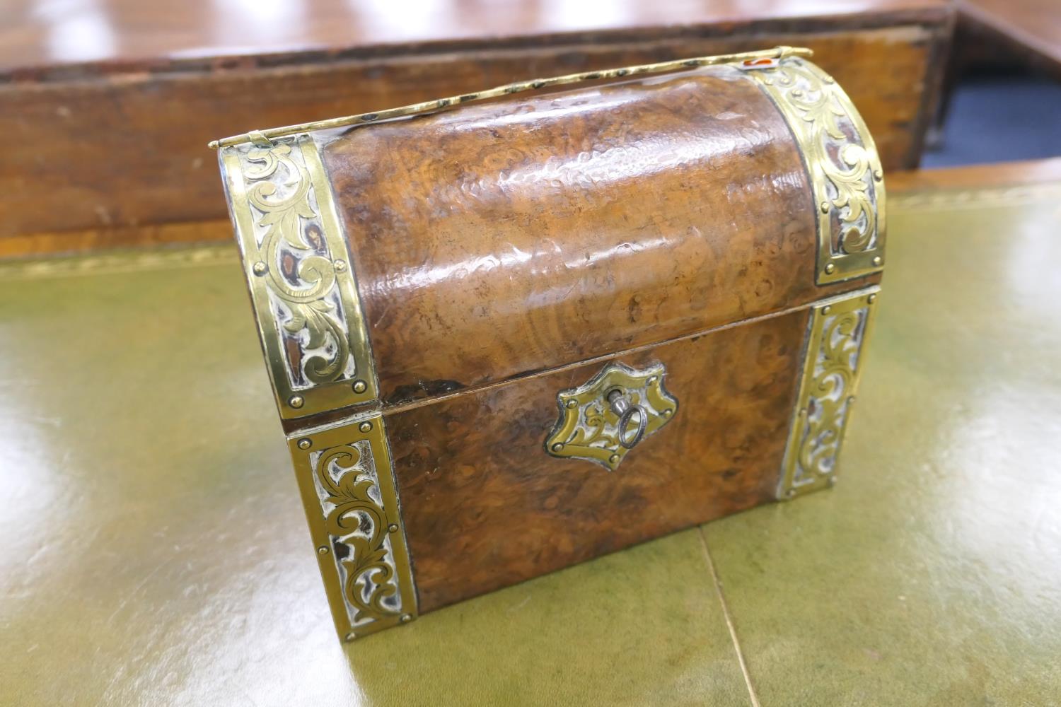 Victorian brass mounted burr walnut stationery casket, domed form opening to a comparted interior, - Image 4 of 4