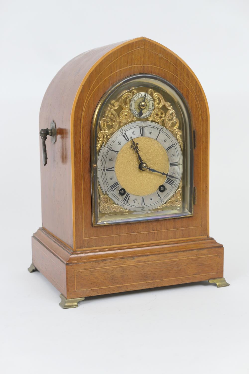 Winterhalder & Hofmeier mahogany cased chiming mantel clock, the lancet shaped case enclosing a