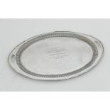 George V silver presentation serving tray, by Barker Bros., Chester 1911, oval form with reeded