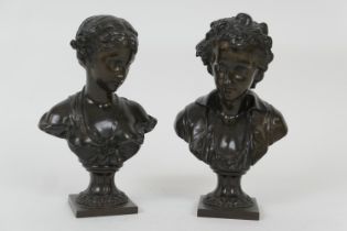 Pair of French bronze busts, late 19th Century, depicting a young man and woman, nicely patinated