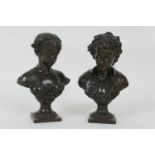 Pair of French bronze busts, late 19th Century, depicting a young man and woman, nicely patinated