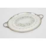 Victorian silver plated serving tray, circa 1890, oval form with beaded handles, 66cm x 43cm (Please