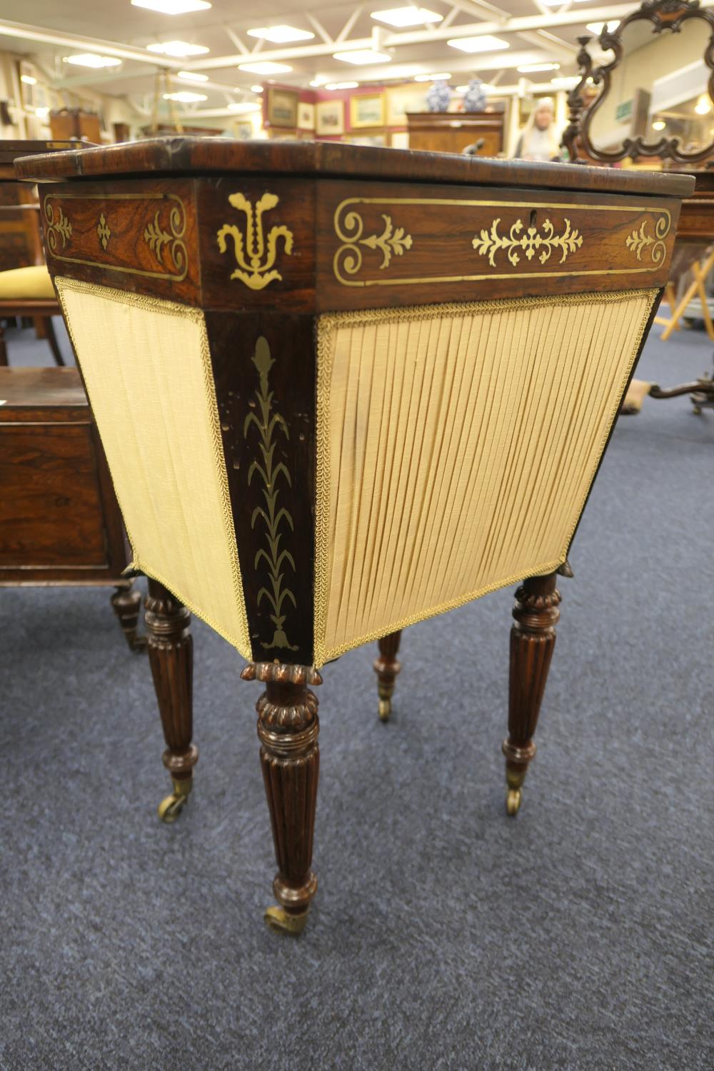 George IV rosewood and brass inlaid decanter stand or sewing box, circa 1825, the top with canted - Image 7 of 9
