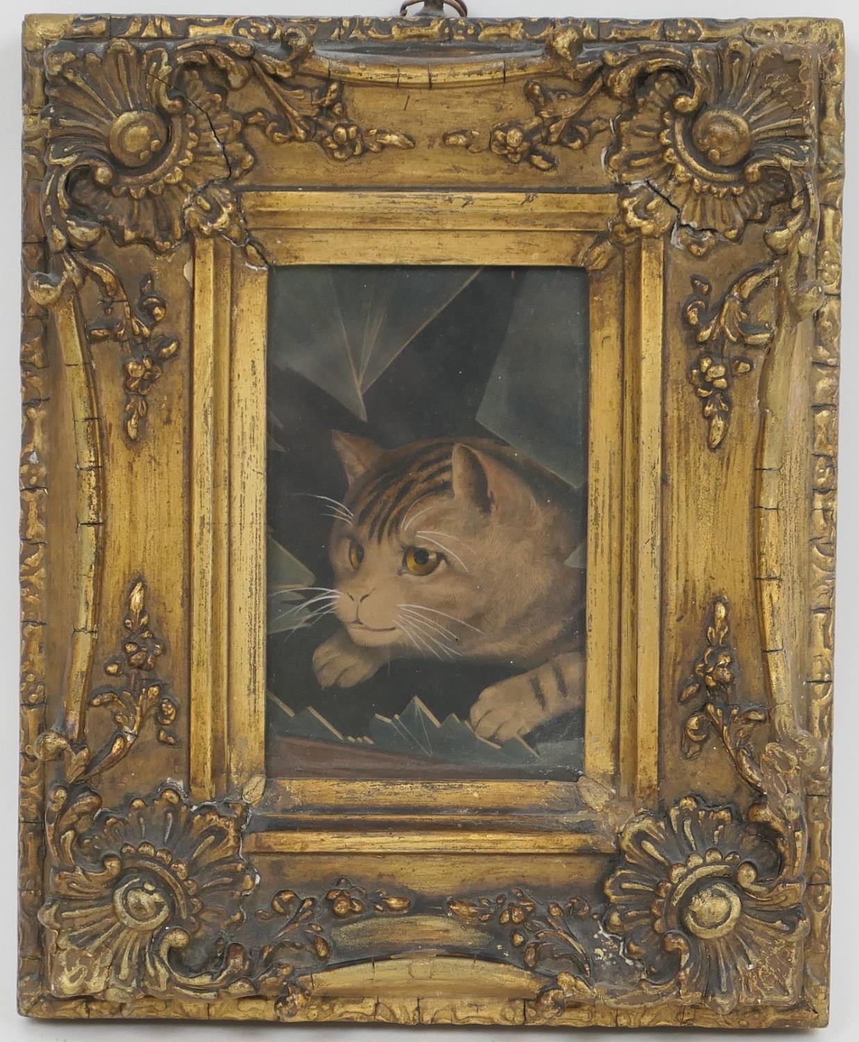 English School (early 19th Century), Cat peering through a broken glass window, watercolour, 12.