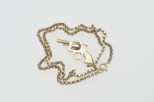 9ct gold chain necklace, supporting a 9ct gold revolver pendant, the necklace 42.5cm, the pendant