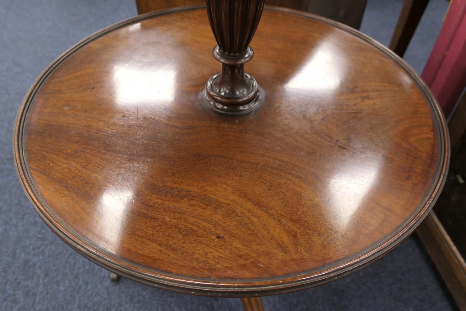 George III mahogany dumb waiter, pedestal form with two circular moulded edge shelves, on a turned - Image 4 of 7