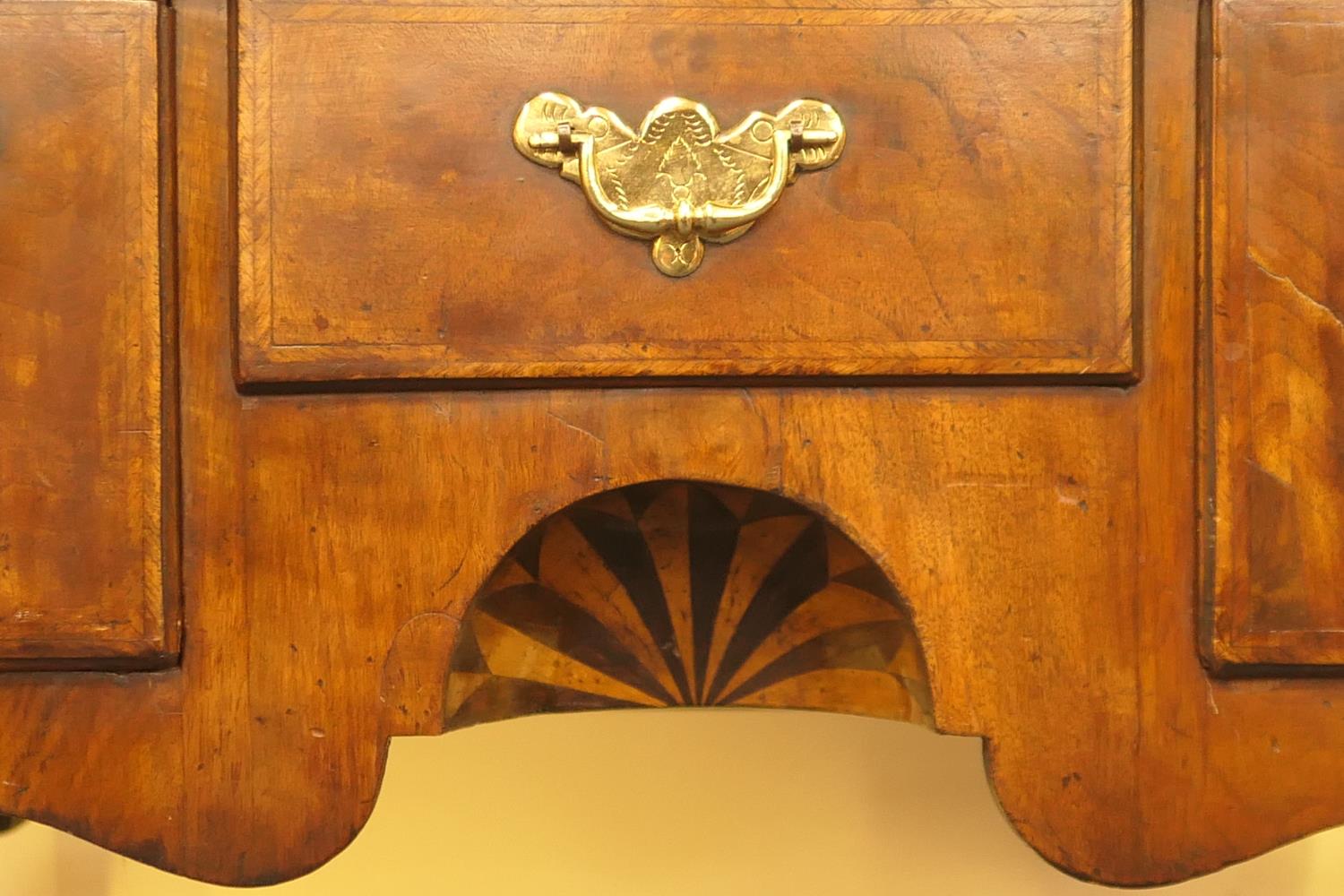 Queen Anne style walnut lowboy, feather banded top with kick-in corners, over three drawers with - Image 4 of 7