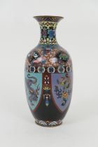 Japanese cloisonne vase, ovoid form decorated with panels of dragons and phoenix against a black