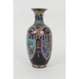 Japanese cloisonne vase, ovoid form decorated with panels of dragons and phoenix against a black