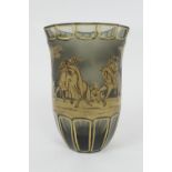 Bohemian gilded olive green glass vase, decorated with Medieval courtiers within a landscape, within