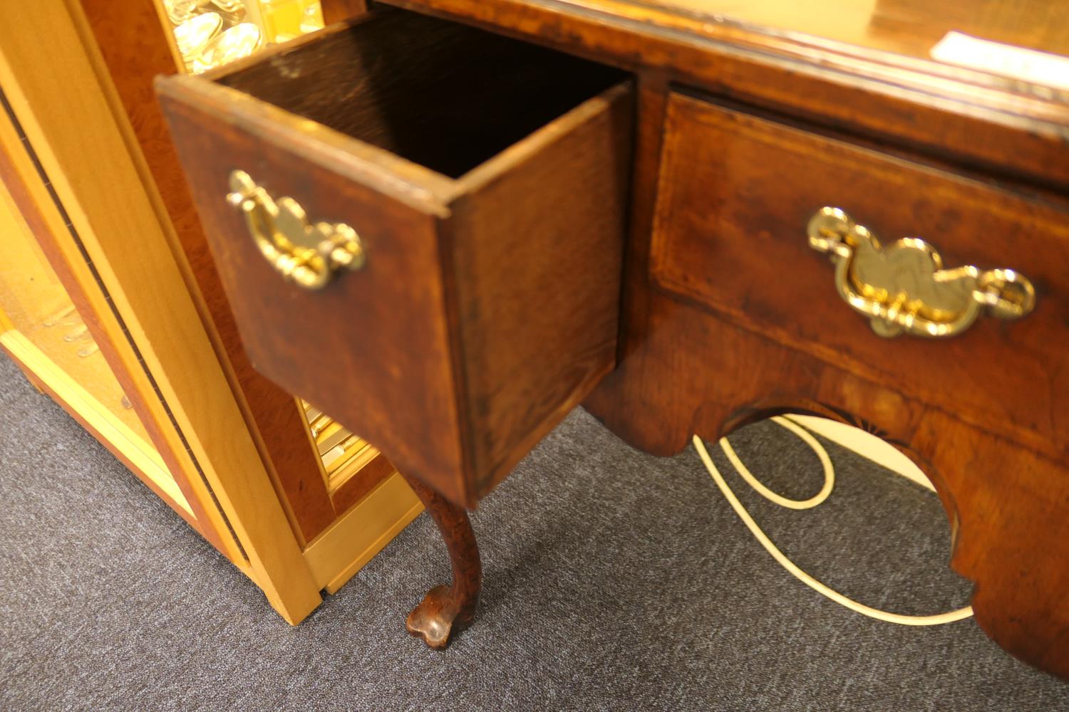 Queen Anne style walnut lowboy, feather banded top with kick-in corners, over three drawers with - Image 6 of 7