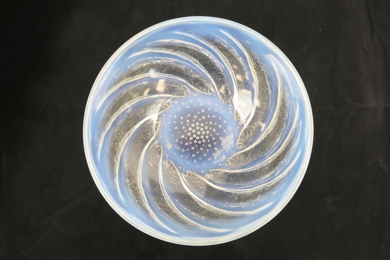 Lalique Poisson bowl, moulded and tinted with blue opalescence, stencilled mark 'R Lalique