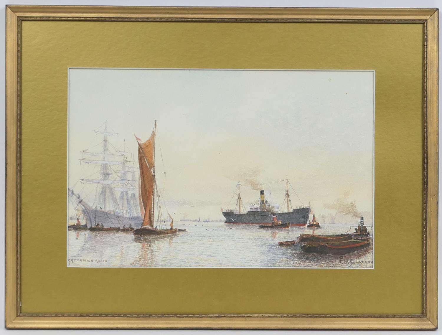 Frank William Scarbrough (1860-1939), Greenwich Reach, watercolour, signed, dated and titled, 26cm x