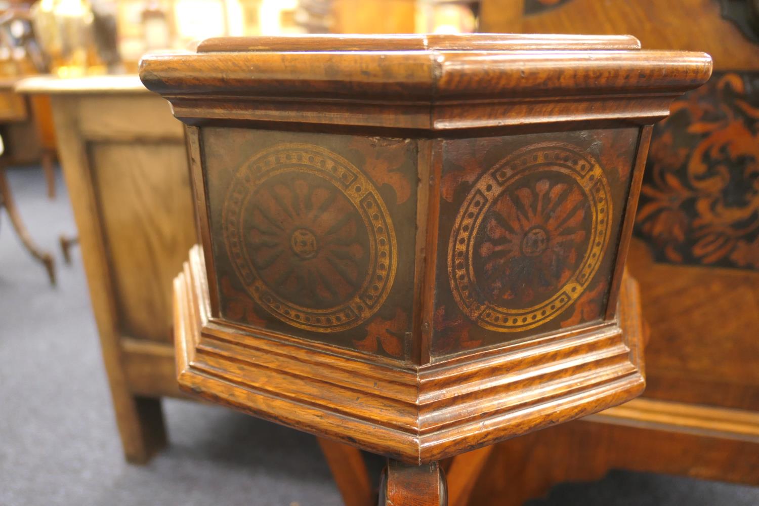 Victorian Gothic Revival pollard oak octagonal jardiniere stand, circa 1860, decorated with - Image 4 of 11