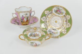 Helena Wolfsohn (Dresden) chocolate cup and saucer, decorated with figural panels in colours against