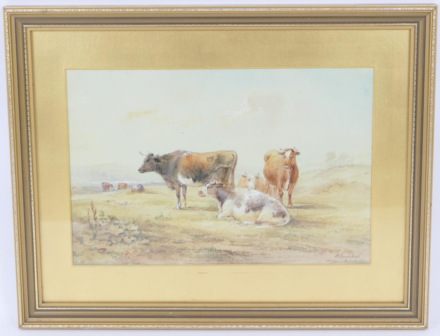 Henry Earp (1831-1914), Cattle in a meadow, watercolour, signed, 25cm x 37cm (Please note