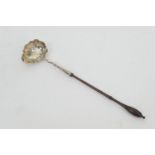 George II silver brandy ladle, London 1753, with a fine turned fruitwood handle, 36cm (Please note