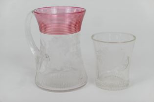 Victorian dated glass tankard, circa 1893, waisted form with cranberry reeds to the rim, engraved