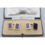 Pair of 9ct gold and blue enamelled chain cufflinks, canted rectangular form enamelled with a blue