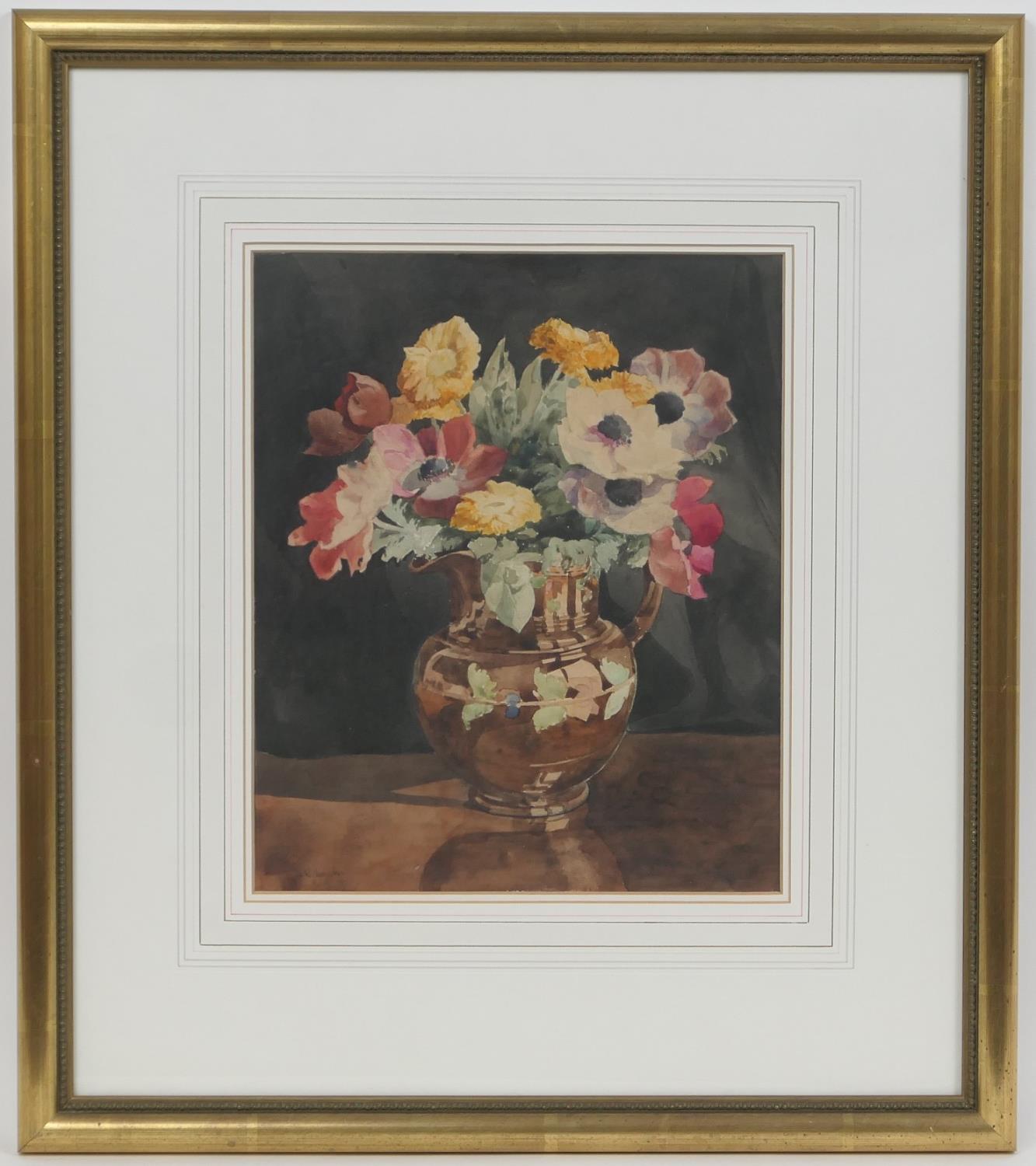 Helen R Lock (Active 1910-38), Still life of peonies and marigolds in a copper lustre jug,