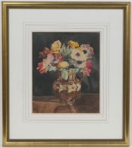 Helen R Lock (Active 1910-38), Still life of peonies and marigolds in a copper lustre jug,