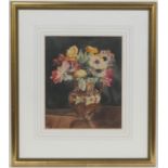 Helen R Lock (Active 1910-38), Still life of peonies and marigolds in a copper lustre jug,
