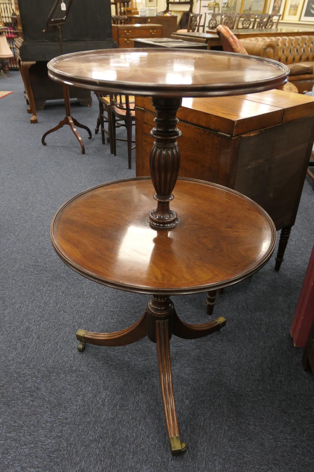 George III mahogany dumb waiter, pedestal form with two circular moulded edge shelves, on a turned - Image 2 of 7