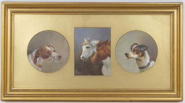 L Cato (Late 18th/early 19th Century), Triptych of canine and equine portraits, having a central