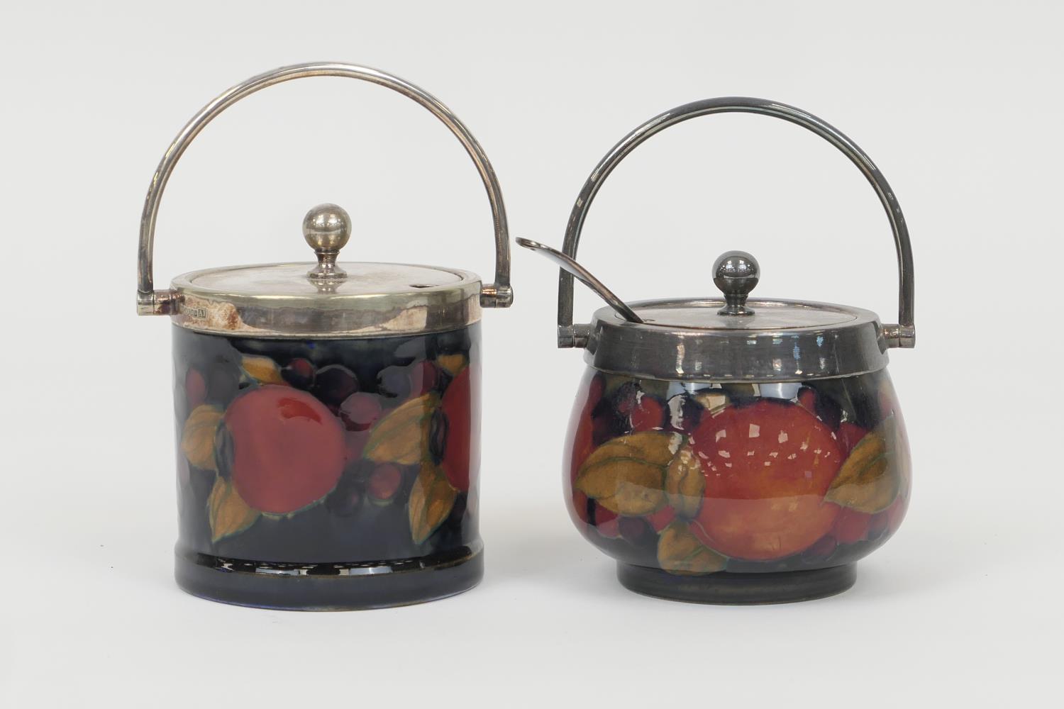 William Moorcroft Pomegranate preserve jar, with silver plated mounts and lid, impressed marks,