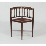 Late Victorian mahogany and inlaid corner chair, circa 1890, bow back inlaid with satinwood and