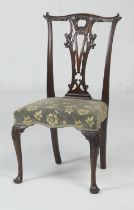 Quality Irish Chippendale Revival carved mahogany side chair, floral moquette stuffover seat with