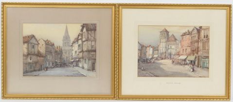Noel Harry Leaver (1889-1951), Pair, Spire of St. Pierre, Caen, and Normandy street scene,