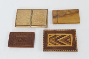 Four treen card cases, including a finely carved Indian sandalwood case, circa 1860-80, detailed