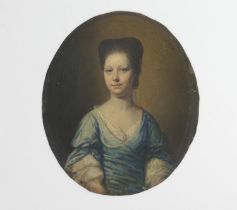 English School (late 18th Century), Portrait miniature of a woman wearing a blue dress, half length,