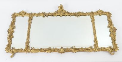 Victorian gilt moulded triptych overmantel mirror, mid 19th Century, having three bevelled glass