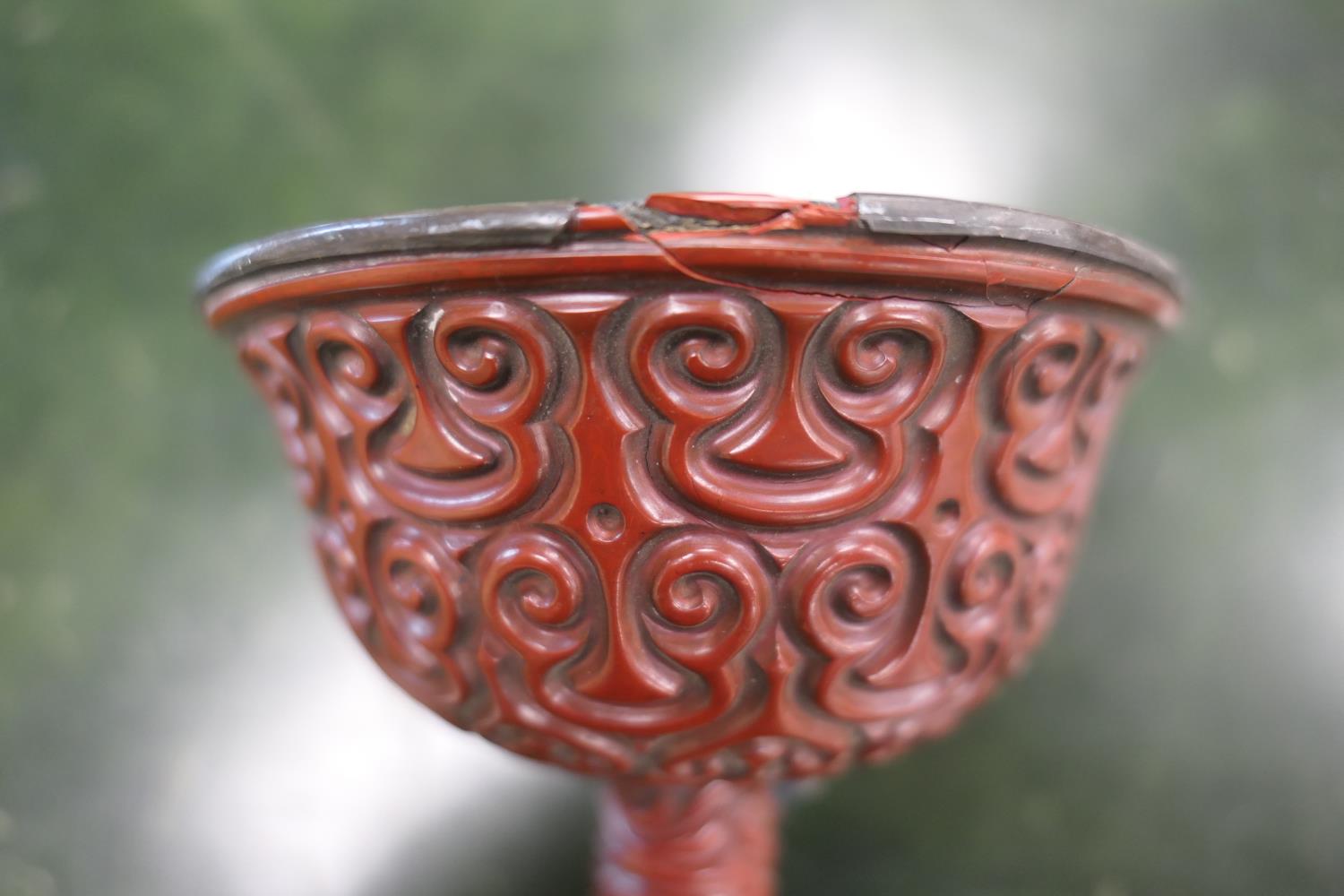 Chinese red guri lacquer stem cup, Ming Dynasty, probably 15th or 16th Century, carved in relief - Image 6 of 15