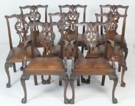 Set of eight Chippendale Revival mahogany dining chairs, comprising six singles and two carvers, all